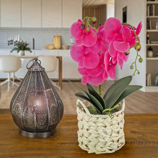 21" Pink Orchid Flower In White Basket